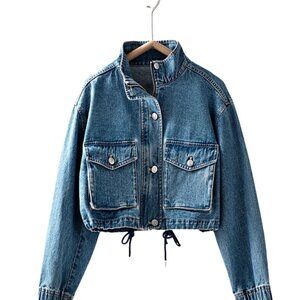 Utility Cropped Drawstring Hem Stand Collar Denim Jacket